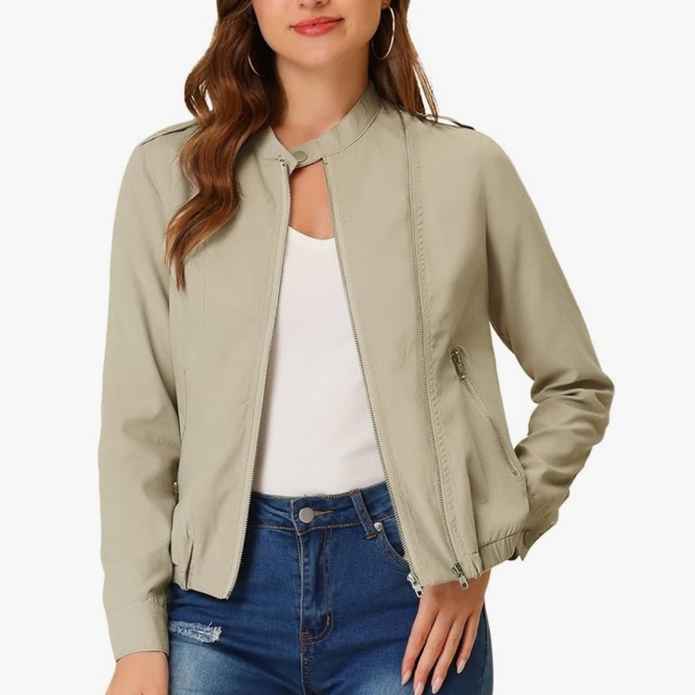 Allegra K Beige Bomber/Moto Jacket Lightweight Casual Fit